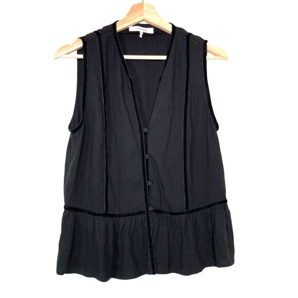 Frame Women's Black Sleeveless V-Neck Peplum Blouse Top Size Medium Velvet Trim - Picture 3 of 15